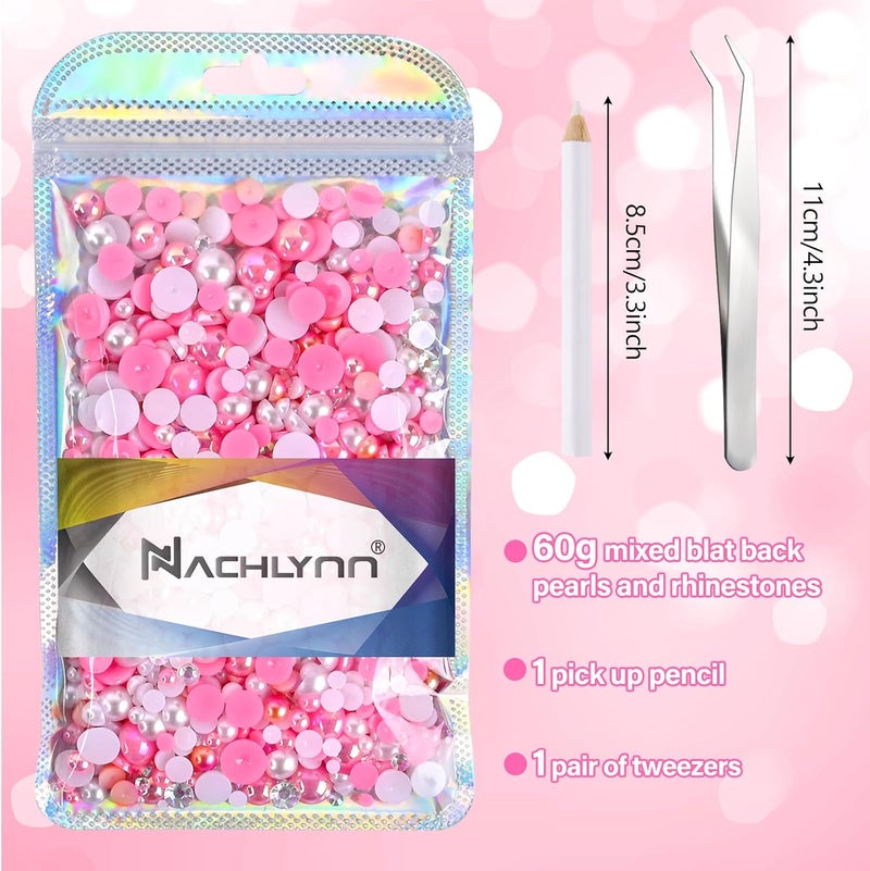 NACHLYNN 60g Mix Pearls and Half Round Rhinestones for Crafts Flatback Rhinestones Mixed Size 3mm-10mm Flatback Pearls for DIY Nail Art Shoes Apparel Tumblers Mugs (Pink White) - Image 4